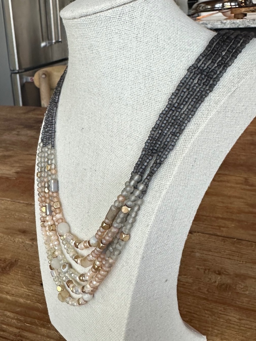 Boho Multi-Strand Gemstone Statement Necklace Gray Gold Blue - Picture 9 of 15